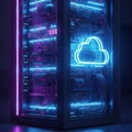 Illuminated server rack with neon cloud symbol glowing in futuristic data center environment Royalty Free Stock Photo