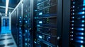 Illuminated server racks in a high-tech data center. Royalty Free Stock Photo