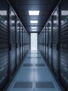 Illuminated server room aisle with rows of racks and bright light ahead, AI Generated Royalty Free Stock Photo