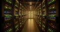 Illuminated Server Room Corridor with Blinking LED Lights - Cloud Computing Data Center Royalty Free Stock Photo