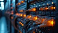 Illuminated servers with data connectors showcase activity, data transfer, advanced tech, operational complexity. Digital