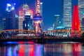 Illuminated Shanghai pudong skyline with historical Waibaidu bridge, China during twilight sunset Royalty Free Stock Photo