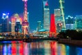 Illuminated Shanghai Pudong skyline with historical Waibaidu bridge, China during twilight sunset