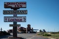 Illuminated sign during the day announcing hotels and restaurants near the Grand Canyon