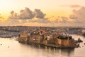 Illuminated skyline of Senglea at sunrise,Malta. One of Three Cities in Grand Harbour