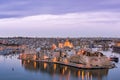 Illuminated skyline of Senglea at twiligh sunset,Malta