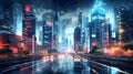 Illuminated skyline with skyscrapers and traffic on the streets of the big city at night. Royalty Free Stock Photo