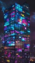 Illuminated skyscraper with vibrant neon lights at night