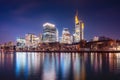 Illuminated Skyscrapers Frankfurt skyline at night - Frankfurt, Germany Royalty Free Stock Photo