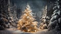 Illuminated snow covered Christmas tree with light garland creating winter fairytale by slowly falling snow. White Christmas