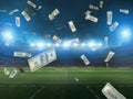Illuminated soccer stadium and falling banknotes of bettors Royalty Free Stock Photo