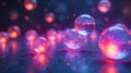 Illuminated spheres float on a dark reflective surface, glowing with inner light and sparkling particles, creating an ethereal and Royalty Free Stock Photo