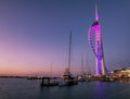 The illuminated Spinnaker Tower in Portsmouth, Hampshire