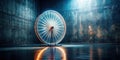 Illuminated spinning wheel in a dark industrial setting. Generative AI Royalty Free Stock Photo