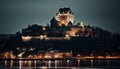 Illuminated spires reflect on ancient water bridge generated by AI