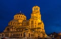 Illuminated St. Alexander Nevski Cathedral in Sofia, Bulgaria Royalty Free Stock Photo