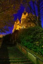 Illuminated St. Lutwinus church in Mettlach at night