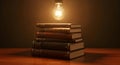 Illuminated Stack of Antique Books Under a Warm Light Bulb, Evoking a Sense of Knowledge, Wisdom, and Classic Literature Royalty Free Stock Photo
