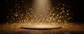 The illuminated stage backdrop features golden glitter and a wooden podium..AI generated image Royalty Free Stock Photo
