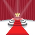 Illuminated stage podium with crown, red carpet and curtain background for award ceremony, Vector illustration Royalty Free Stock Photo