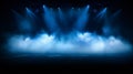 Illuminated stage with scenic lights smoke. Blue concert lighting a dark background. generative ai