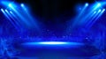 Illuminated stage with scenic lights and smoke. Blue vector spotlight with smoke volume light effect on black background Royalty Free Stock Photo