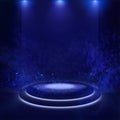 Illuminated stage with scenic lights and smoke. Blue vector spotlight with smoke volume light effect on black background Royalty Free Stock Photo