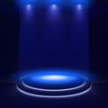 Illuminated stage with scenic lights and smoke. Blue vector spotlight with smoke volume light effect on black background Royalty Free Stock Photo