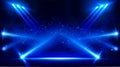 Illuminated stage with scenic lights and smoke. Blue vector spotlight with smoke volume light effect on black background Royalty Free Stock Photo