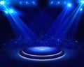 Illuminated stage with scenic lights and smoke. Blue vector spotlight with smoke volume light effect on black background Royalty Free Stock Photo