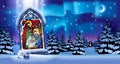 Illuminated stained glass window with Christmas scene in gothic frame against the night winter spruce forest in snow under starry