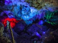 Illuminated Stalactites and stalagmites in Ngilgi cave in Yallingup