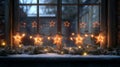 Illuminated Star String Lights on a Snowy Window Sill