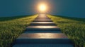 Illuminated stone pathway leading to bright horizon at sunset Royalty Free Stock Photo