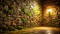 Illuminated stone wall corner with moss at night. Generative AI Royalty Free Stock Photo