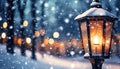 Illuminated street lamp in Christmas night, snow falling in the park, generated by AI