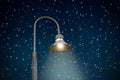 Illuminated street lamp on dark sky with snowflakes.