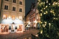 Illuminated street at night in Munich, Bavaria, Germany