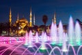 Illuminated Sultan Ahmed Mosque (Blue Mosque) before sunrise, Istanbul, Turkey. Royalty Free Stock Photo
