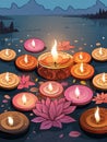 Illuminated Tea Candles and Lotus Flowers Floating on Water for Diwali Royalty Free Stock Photo