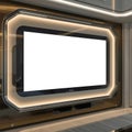 Illuminated television screen with a futuristic design mounted on a decorative wall paneling surface Royalty Free Stock Photo