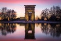 Illuminated Temple of Debod and reflection during sunset in Madrid Royalty Free Stock Photo