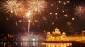 Illuminated Temple and Fireworks Display Over a Lake at Night Royalty Free Stock Photo