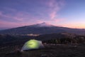 Illuminated tent on mountain of Nebrodi Park at the twilight,