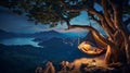 illuminated tent on tree near lake at night, romantic vacation outdoor in wild, glamping