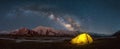 The illuminated tent under a breathtaking Milky Way night sky. AI generated image Royalty Free Stock Photo