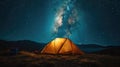 Illuminated tent under glowing night sky with stars and milky way. Tourist equipment for camping