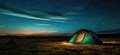 Illuminated Tent Under Star-Streaked Night Sky: A Generative AI Scene