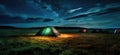Illuminated Tent Under Star-Streaked Night Sky: A Generative AI Scene
