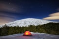 Illuminated Tent Under The Winter Etna Mountain, Sicily Royalty Free Stock Photo